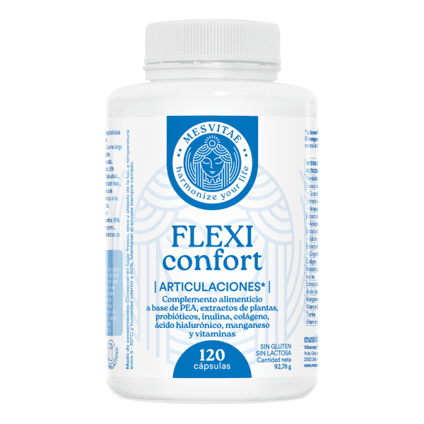 Envase frontal del suplemento Flexi Confort de Mesvitae para articulaciones.