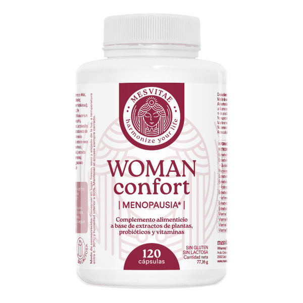 Envase del suplemento Woman Confort de Mesvitae para apoyo durante la menopausia.