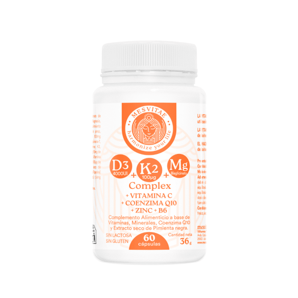 Envase del suplemento Vitamina D3 + K2 + Magnesio Bisglicinato Complex de Mesvitae
